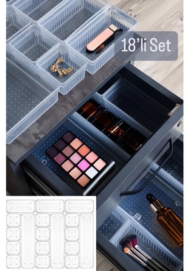 18 Li Modüler Çekmece İçi Düzenleyici Takı Kutusu Makyaj Organize Şeffaf