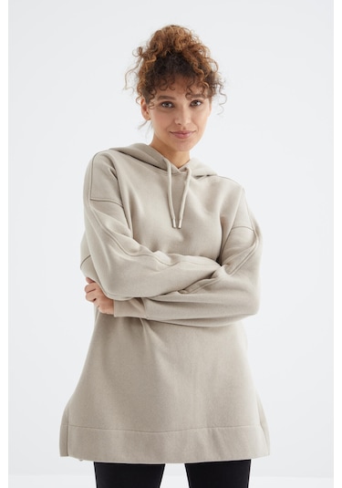 Tommy Life Koyu Bej Reglan Kol Basic Kapüşonlu Oversize Sweatshirt Tunik - 97242 Koyu Bej