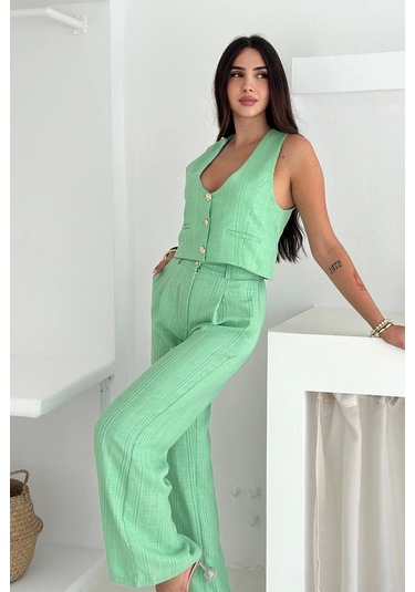 Çizgili Kumaş Yelek Takım Yeşil Yeşil