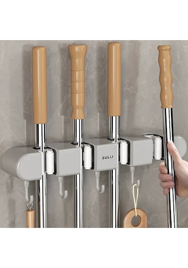 Teltree Duvar Montajlı Süpürge Tutucu, Delme Yok Kurulum, 4 Klem 5 Kanca, Su Geçirmez, Silikon Kaplama, Ev/banyo/balkon Depolama Rakı, Klasik Gri Gri