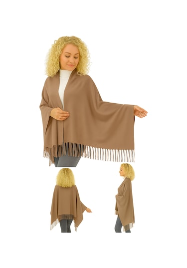 1 Adet Kadın Büyük Bedene Uygun Ekstra Yumuşak Dokulu Püskül Detaylı Kışlık Atkı Omuz Şalı Sütlü Kahve