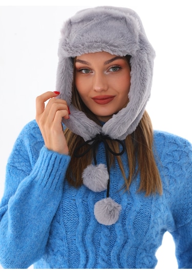 Kadın Gri Kürklü Kulaklıklı Peluş Şapka Gri