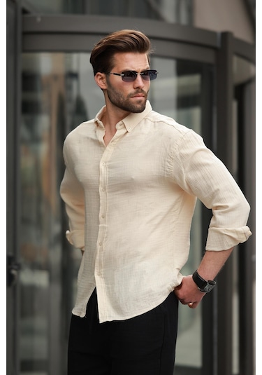 Madmext Bej Basic %100 Pamuklu Uzun Kollu Erkek Gömlek E6761 Bej