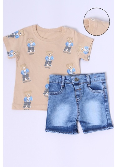 Erkek Bebek Şortlu Takım Kot Şortlu Çıtçıt Detaylı Baskılı B26 Bej