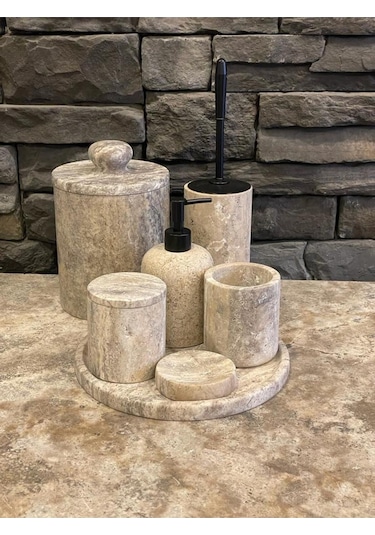 Yeni Silver Gümüş Traverten 7'li Banyo Seti Çöp Kovası Kendinden Tutmalı Kulp Beyaz