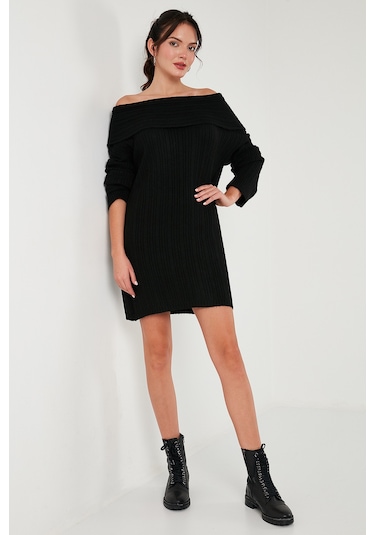 Lela Oversize Fit Kayık Yaka Uzun Kollu Mini Triko Bayan Elbise 4615218 Siyah