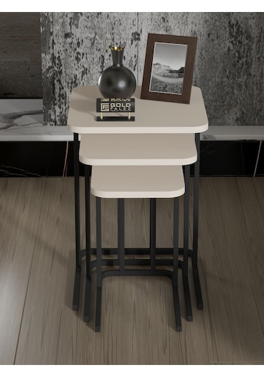 Zigon Sehpa Metal Ayak 3'lü Koltuk Yan Sehpa Zino Krem Bej