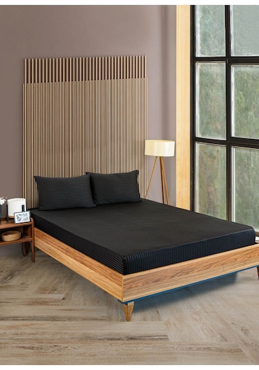 Çizgili Pamuk Saten 1 Adet 100x200 30 Tek Kişilik Lastikli Çarşaf Siyah