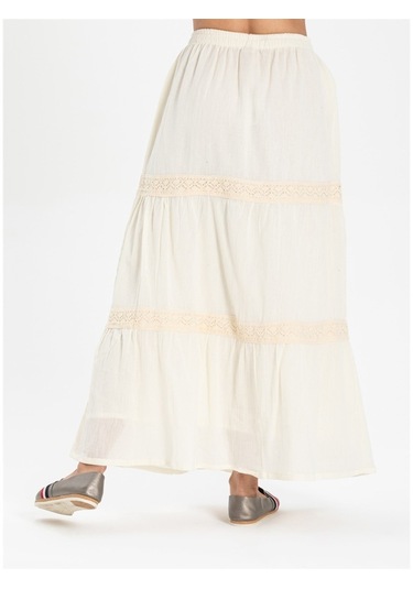 Uzun Şile Bezi Dantelli Etek Krem Krm