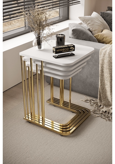 4'lü Zigon Sehpa Gold Ayak Beyaz 18 Mm Mdf