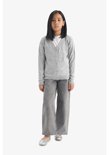 Defacto Kız Çocuk V Yaka Düğmeli Okul Hırkası E7708a825augr28 Gri