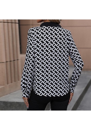 İlkbahar Ve Sonbahar Kadın Gömlek Bluz Mizaç Zarif Uzun Kollu Baskılı Kadın Gömleği Siyah