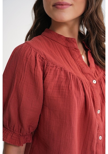 4725 Kadın Büzgü Robalı Kolu Fırfırlı Müslin Gömlek Kızılcık Kızılcık