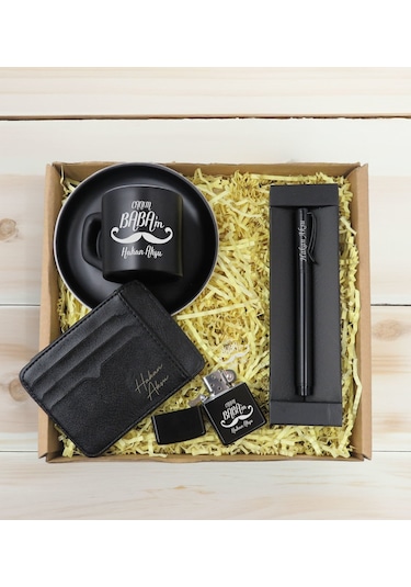 Bk Gift Kişiye Özel İsimli Baba Temalı Siyah Türk Kahvesi Fincanı&metal Kalem&çakmak&kartlık Cüzdan Hediye Seti, Sevgiliye Hediye-2, Babaya Hediye, Ba