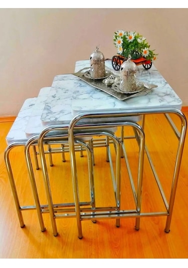 Beyaz Mermer Desen Zigon Sehpa 1. Kalite Krom Nikelaj Tse E1 Onaylı Malzeme Üreticiden Mermer