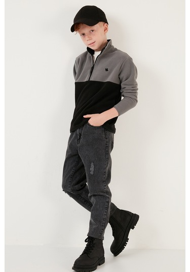 Lela Yumuşak Dokulu Yarım Fermuarlı Renk Bloklu Dik Yaka Unisex Çocuk Polar 5905004 Gri-Siyah Lela Yumuşak Dokulu Yarım Fermuarlı Renk Bloklu Dik Yaka Unisex Çocuk Polar 5905004 Gri-Siyah