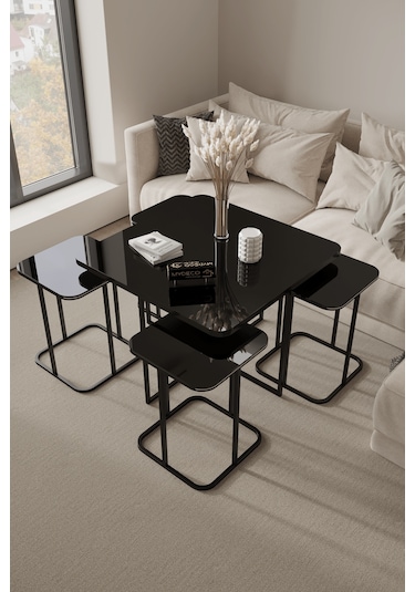 4+1 Siyah Kaplama Siyah Ayna Radüslü Orta Sehpa