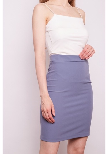 Yüksek Bel Diz Üstü Likralı Pamuklu Şık Kumaş Kalem Etek-Koyu Mav