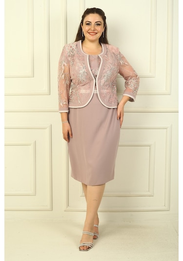 Tırnak Kol Astarlı Kısa Elbise Tül Ceket Nakışlı Büyük Beden 2'li Takım Pudra