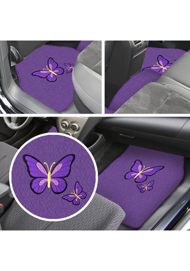 Kelebek Desenli Nakışlı Mor Renk 5 Li Oto Halı Paspas Seti Şık & Dayanıklı Araç İçi Aksesuar