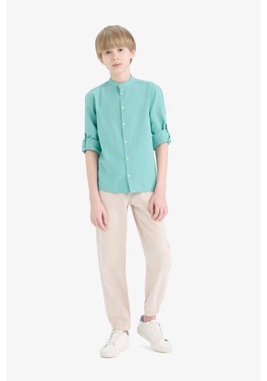DeFacto Erkek Çocuk Dik Yaka Keten Görünümlü Uzun Kollu Gömlek Z1035A625SMGN1106