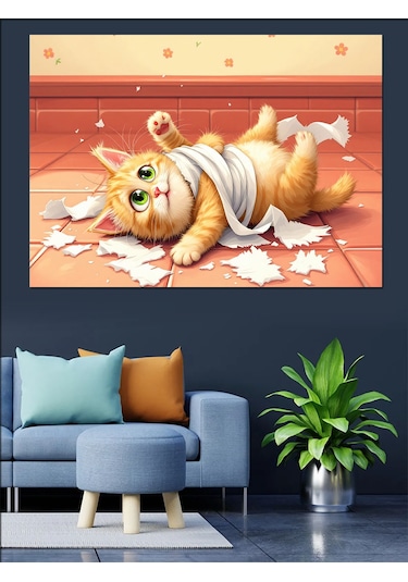 Tuvalet Kağıdı Ve Şaşkın Kedi Dekoratif Kanvas - Mdf Ahşap Tablo