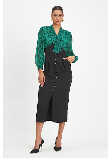 Kadın Leopar Desenli Midi Elbise - Fiyonk Yaka, Düğme Ve Yırtmaç Detaylı, Şık Ve Modern Tasarım - Günlük Ve Özel Davetler İçin Elbise Yeşil