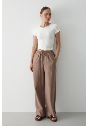 Sütlü Kahve Beli Lastikli Bol Paça Pantolon - 2813 Sütlü Kahve