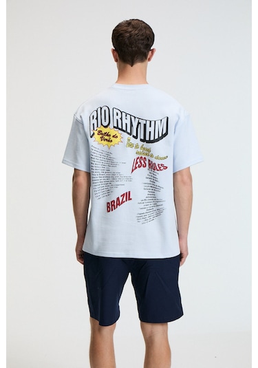 Grimelange YUM Erkek Oversize Baskılı Yuvarlak Yaka Mavi T-Shirt