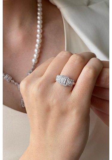 7,5 Mm Kadın Baget Taşlı Doğal İnci Küpe Kolye Bileklik Yüzük Dörtlü Set 11 Gümüş