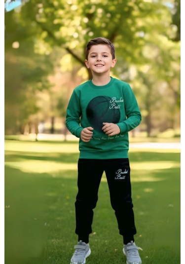 Basketball Yazı Desenli Yeşil Renk Erkek Çocuk Eşofman Takımı Yeşil