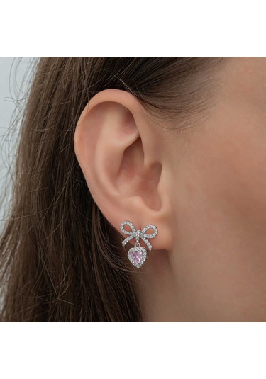 Gümüş Fiyonk Pembe Taşlı Kalpli Çivili Kadın Küpe Çok Renkli