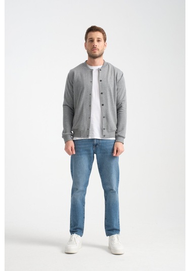 Shooter Sportswear Erkek Sweatshirt Düğmeli Ekru Standart Kalıp Gri Melanj