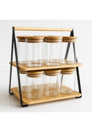 300 Cc Borosilikat 12 Lı Standlı-bambu Kapaklı Baharatlık Seti-7 X 10 Cm Beyaz