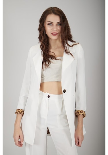 Ardanewline Feminist Ekru Leopar Astar Detaylı Krep Blazer Ceket 0105120.147 Bej