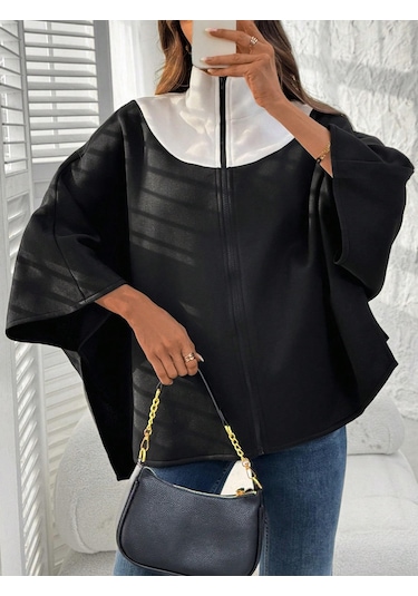 Kadın Panço Fermuarlı Sweat Oversize Kesim, 3 İplik Şardonlu Kumaş Siyah