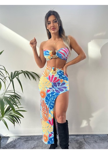 Renkli Çiçek Desenli Micro Kumaş Tokalı Etekli İkili Takım Çok Renkli