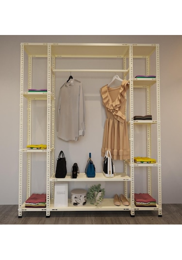 Rafburada® Krem Renk Metal Açık Gardırop 31x155x200 Kırık Beyaz