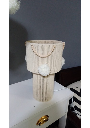 Makrome İp Avize Abajur Set Ekru Avize Boncuk Ponpon Makrome Abajur Ekru