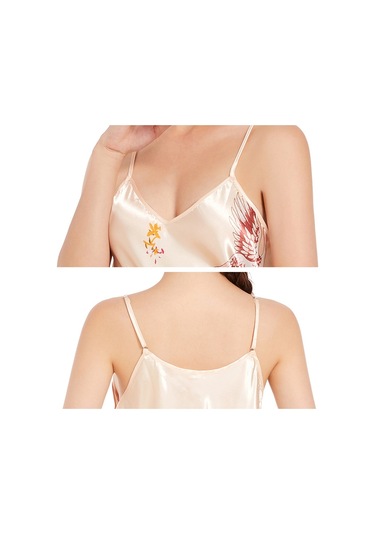 Sones V Yakalı Turna Desenli Kısa Askılı Etek Pijama Siyah