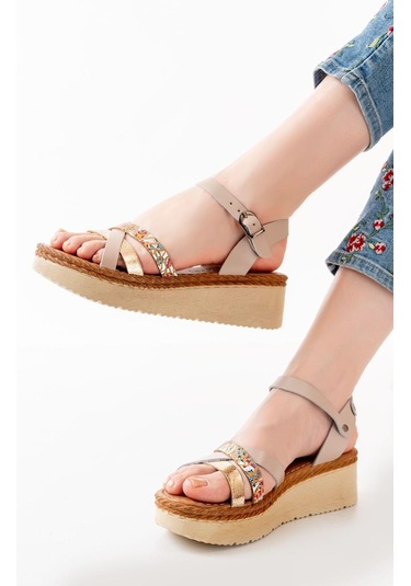 730-015 Bej Multi Ortopedik Hakiki Deri Dolgu Kadın Sandalet Bej