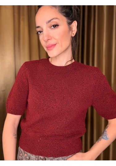 Ali Butik Bordo Pullu Simli Kısa Kol Triko Bordo