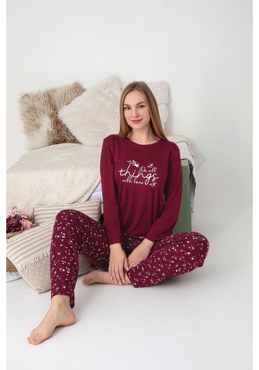Kadın Bisiklet Yaka Düğmesiz Dökümlü Viskon Mevsimlik Uzun Kol Cepli Pijama Takımı Bordo
