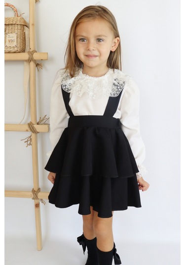 Kız Çocuk Helen Askılı Kat Kat Bağlama Jile Elbise Dantel Detay Uzun Kollu Bluz Takım Siyah