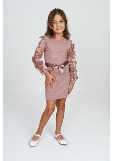Belden Bağlamalı Tül Detaylı Çocuk Elbise Mykids Collection Pudra