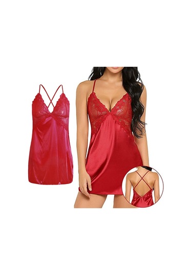 Dolıty Kadın Babydoll İç Giyim Dantel Askılı Pijama T-sırt Kırmızı L Kırmızı