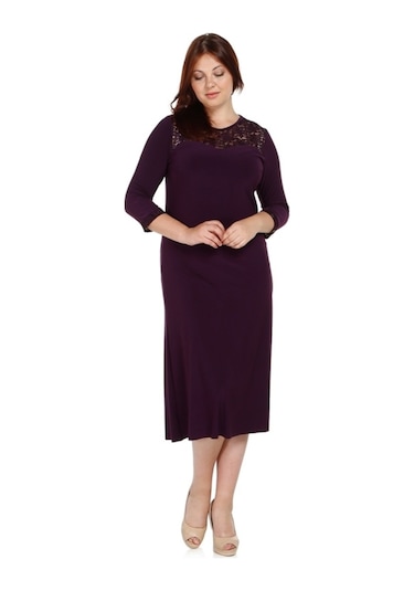 Nidya Moda Büyük Beden Dantel Roba Elbise-4078Dm Mürdüm