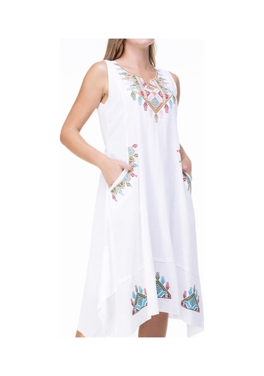 Kolsuz Şile Bezi Antik Nakışlı Midi Boy Elbise Beyaz Byz-beyaz