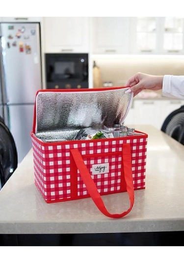 2 Adet Termo Lüks Piknik Çantası Kırmızı Ekoseli 35 X 20 X 20 Cm Kırmızı