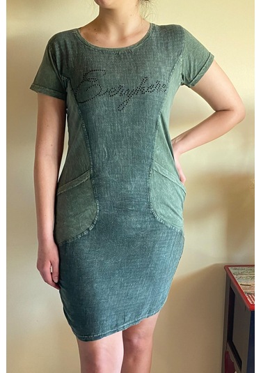 Kadın Önü Yazılı Taşlarla Süslenmiş Haki Elbise-668 Haki